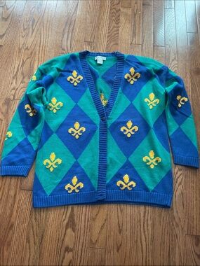 Picone Sport Blue Green Fleur de Lis Grandpa Cosby Cardigan Sz Large
